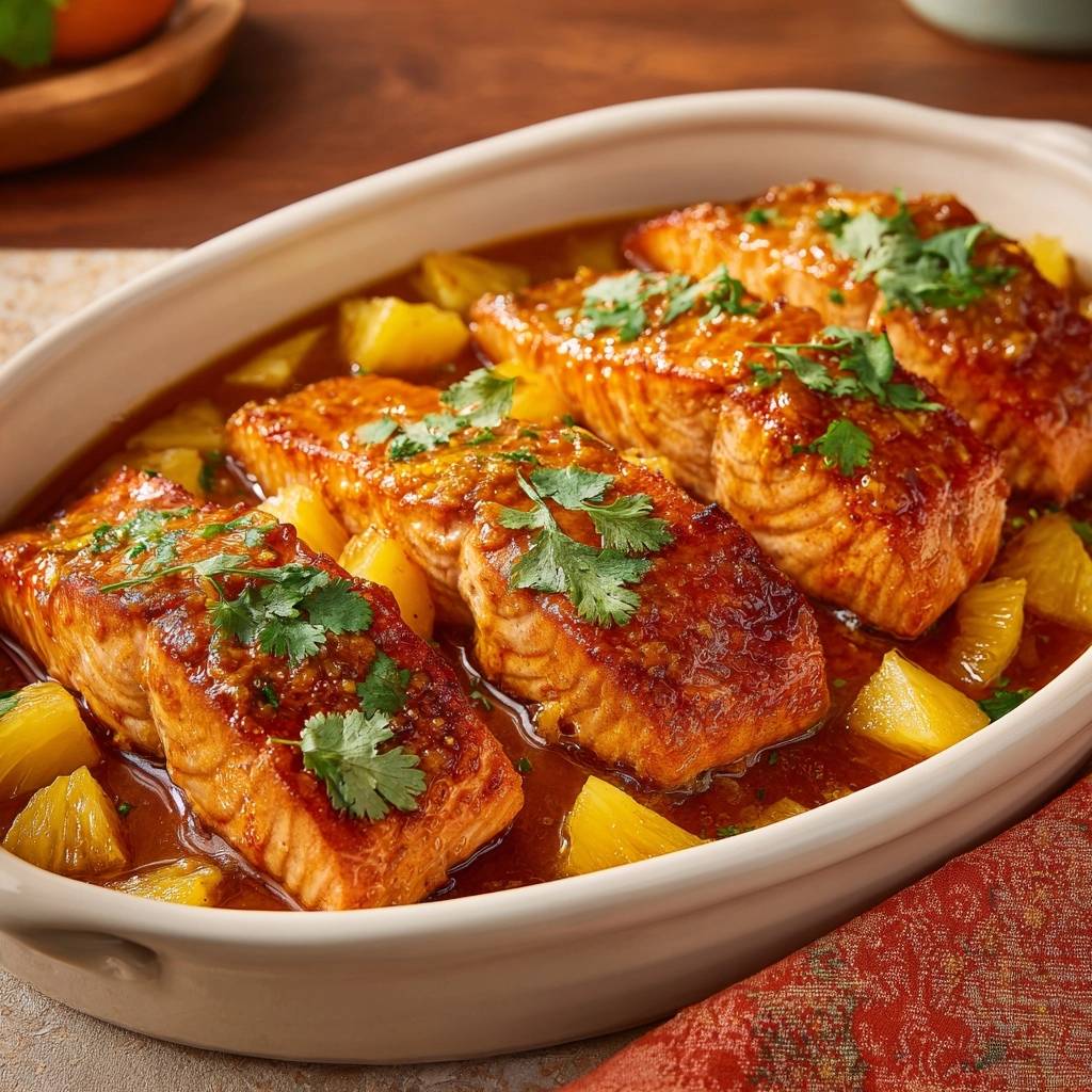 Pineapple glazed salmon shown in a baking dish with pineapple chunks and garnished with cilantro.