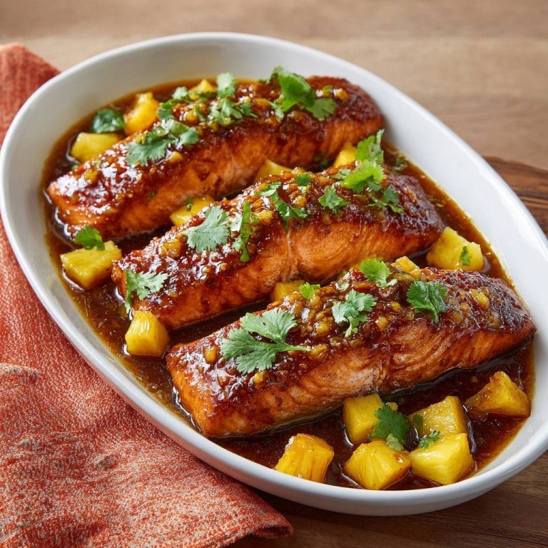 Pineapple glazed salmon with three fillets served in a white dish with pineapple chunks and cilantro garnish.