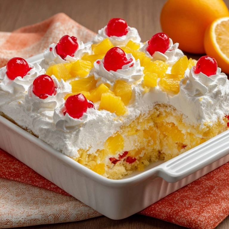 Pineapple poke cake with whipped cream and cherries, showing a juicy tropical cross-section.