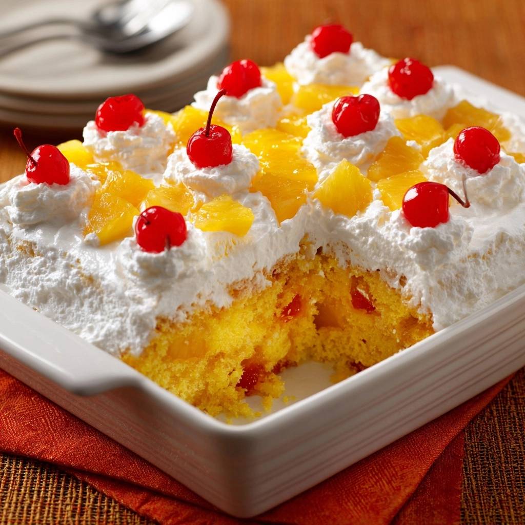Pineapple poke cake features a cross-section revealing its moist interior, topped with whipped cream, pineapple chunks, and maraschino cherries.