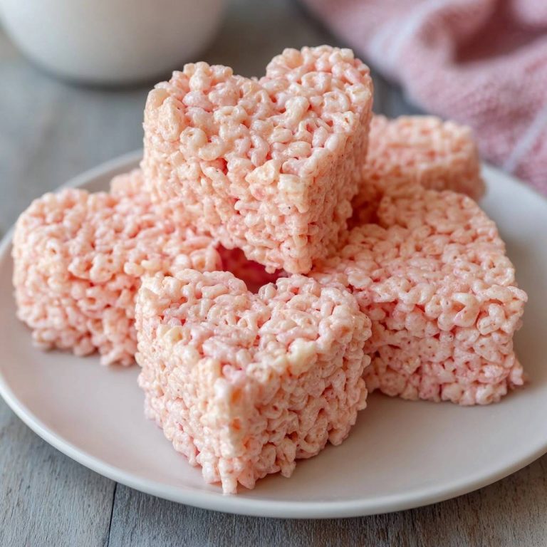 Pink Heart Rice Krispie Treats are stacked on a white plate in a close-up view.
