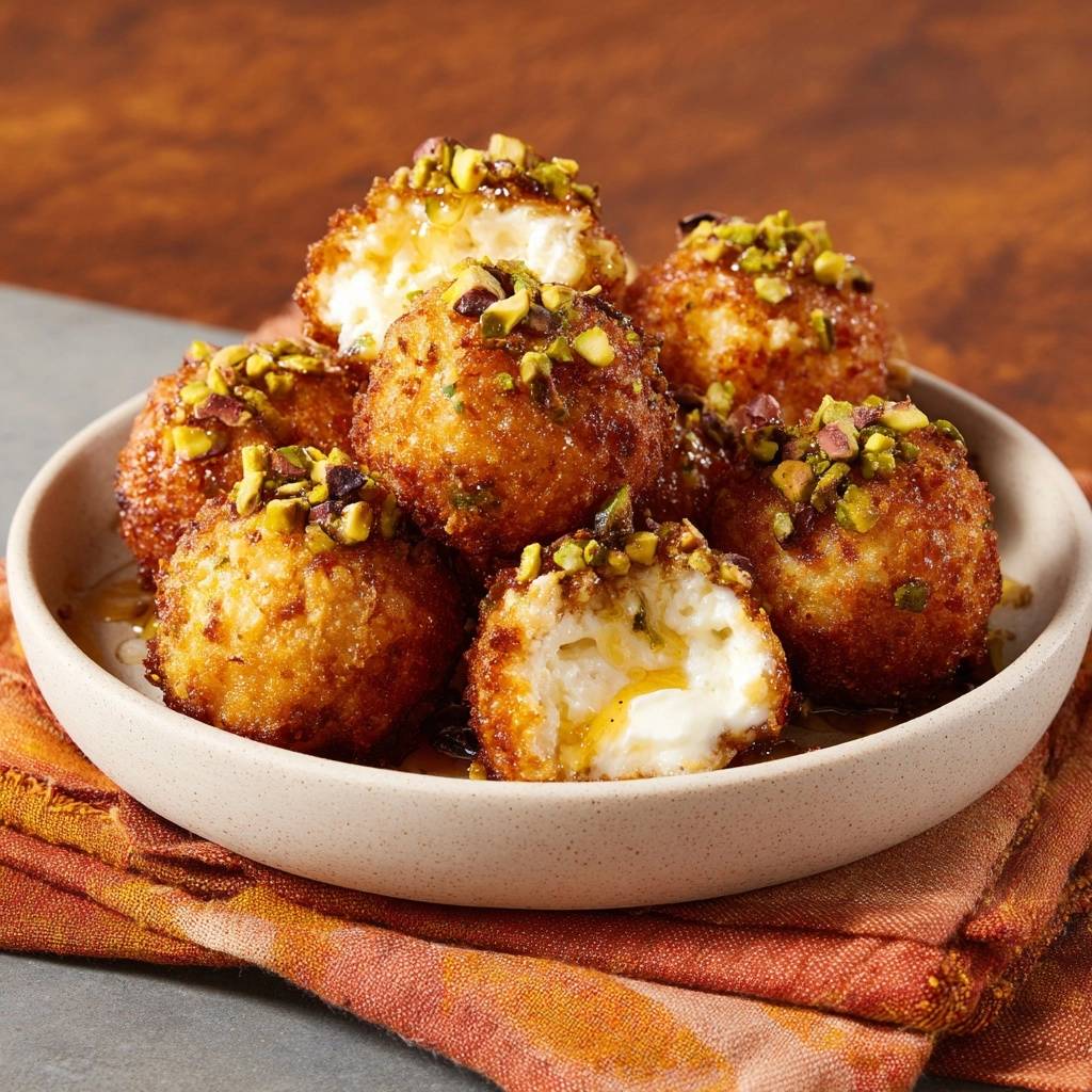 Crispy Pistachio Honey Cheese Balls showing a creamy white cheese center oozing with honey.
