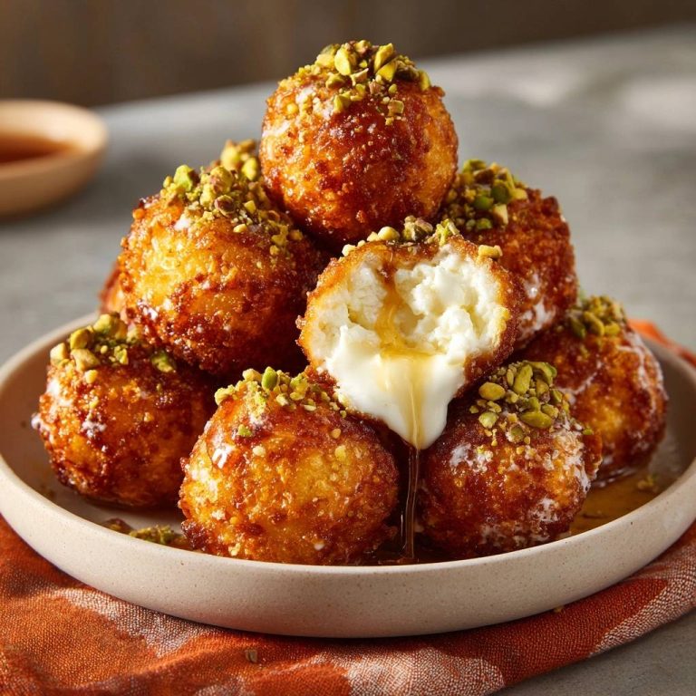Crispy Pistachio Honey Cheese Balls showing a gooey cheese interior with honey drizzling out.