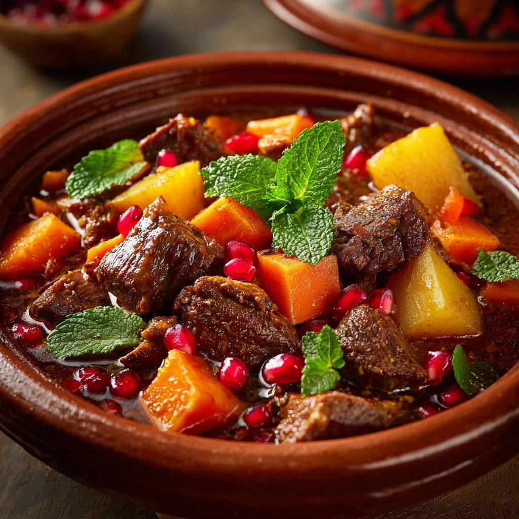 Pomegranate Beef Tagine shown in a close-up view within a rustic brown bowl, garnished with mint and pomegranate seeds.