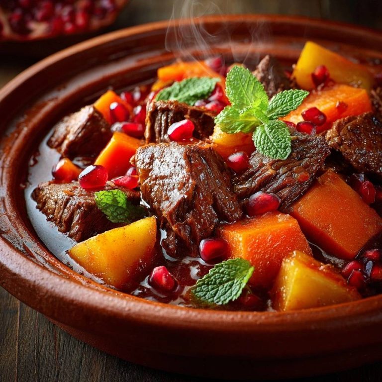 Pomegranate beef tagine steaming in an earthenware dish, featuring tender beef chunks, pumpkin, and pomegranate seeds.
