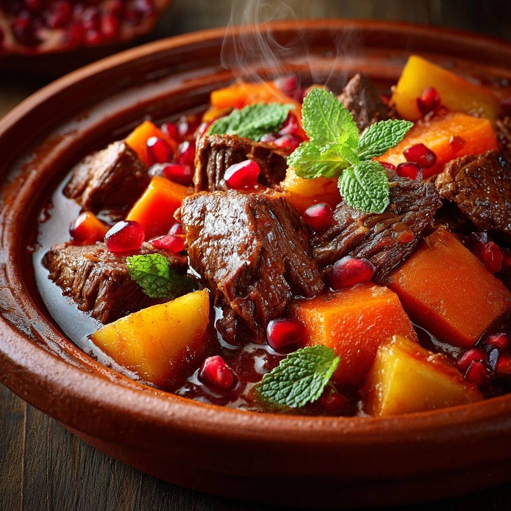 Pomegranate beef tagine steaming in an earthenware dish, featuring tender beef chunks, pumpkin, and pomegranate seeds.