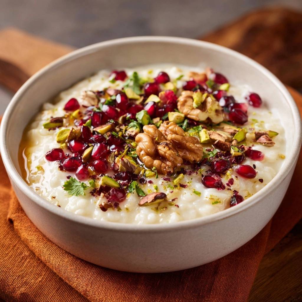 Creamy pomegranate pistachio rice pudding in a bowl, generously garnished with pomegranate seeds and chopped nuts.