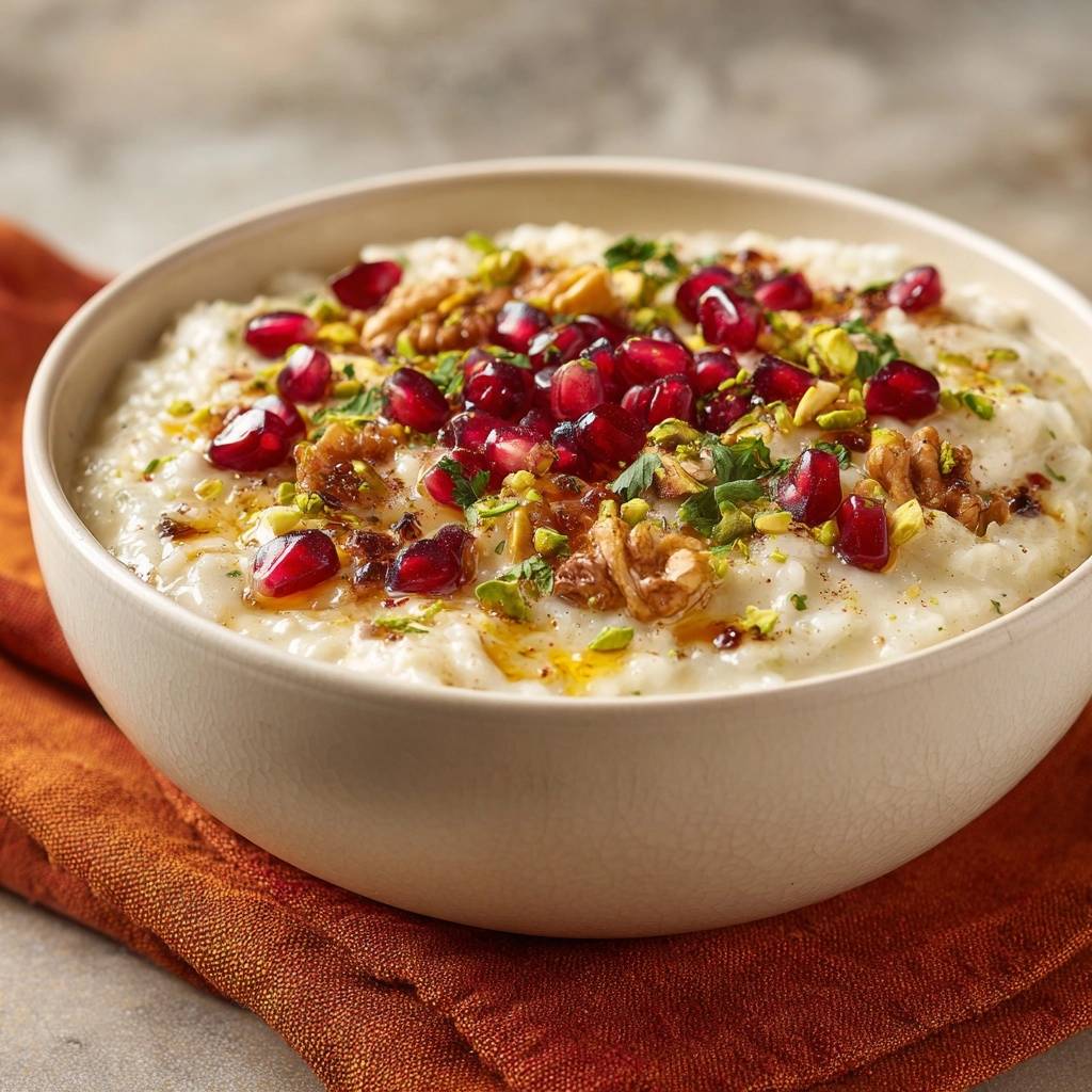 Creamy pomegranate pistachio rice pudding served in a bowl, generously garnished with fresh pomegranate seeds, pistachios, and walnuts.