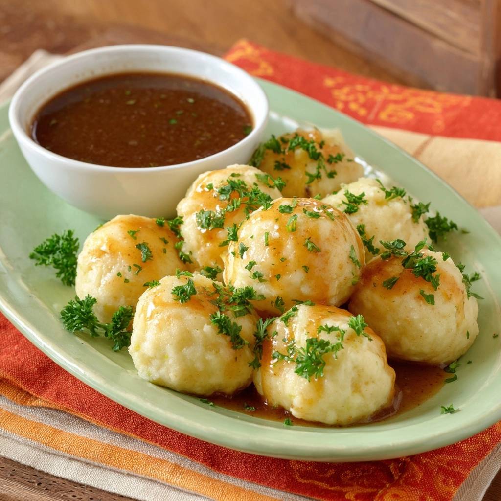 Potato dumplings with gravy served on a green plate, generously garnished with fresh parsley.