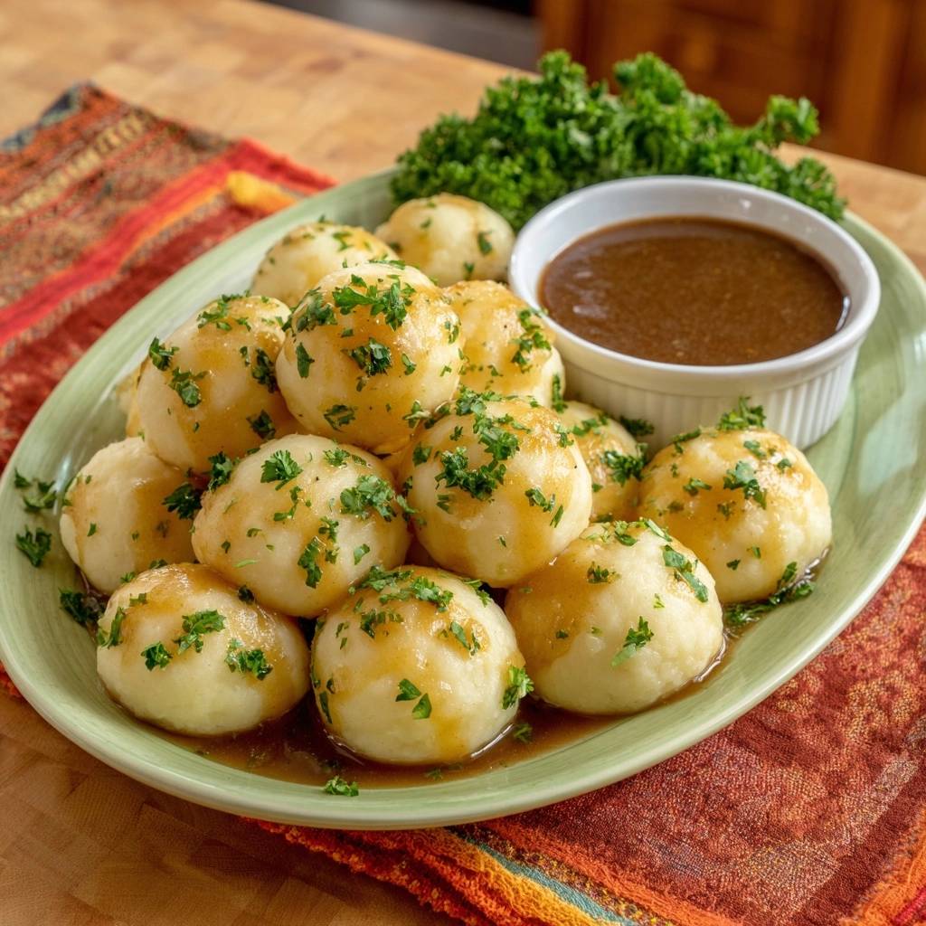 Potato dumplings with gravy served on a light green plate, generously garnished with chopped parsley.