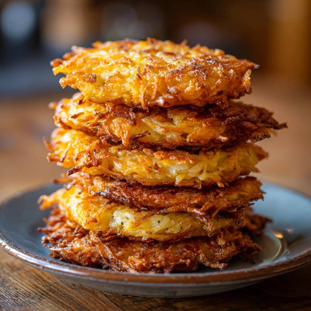 Crispy potato latkes stacked high on a blue plate, showcasing their golden-brown, shredded texture.