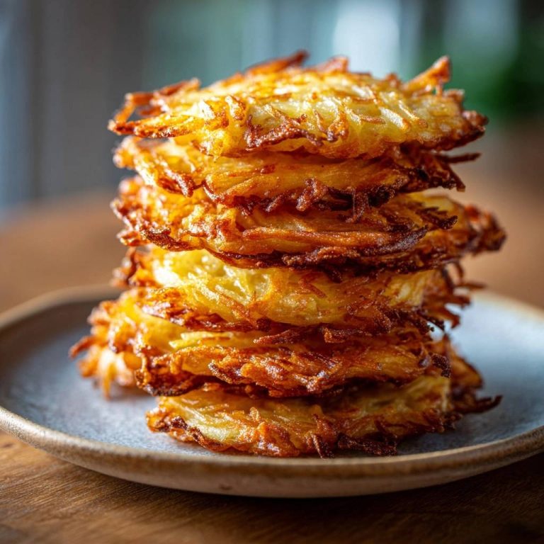 Crispy potato latkes are stacked high on a grey plate, showcasing their golden-brown, shredded texture.