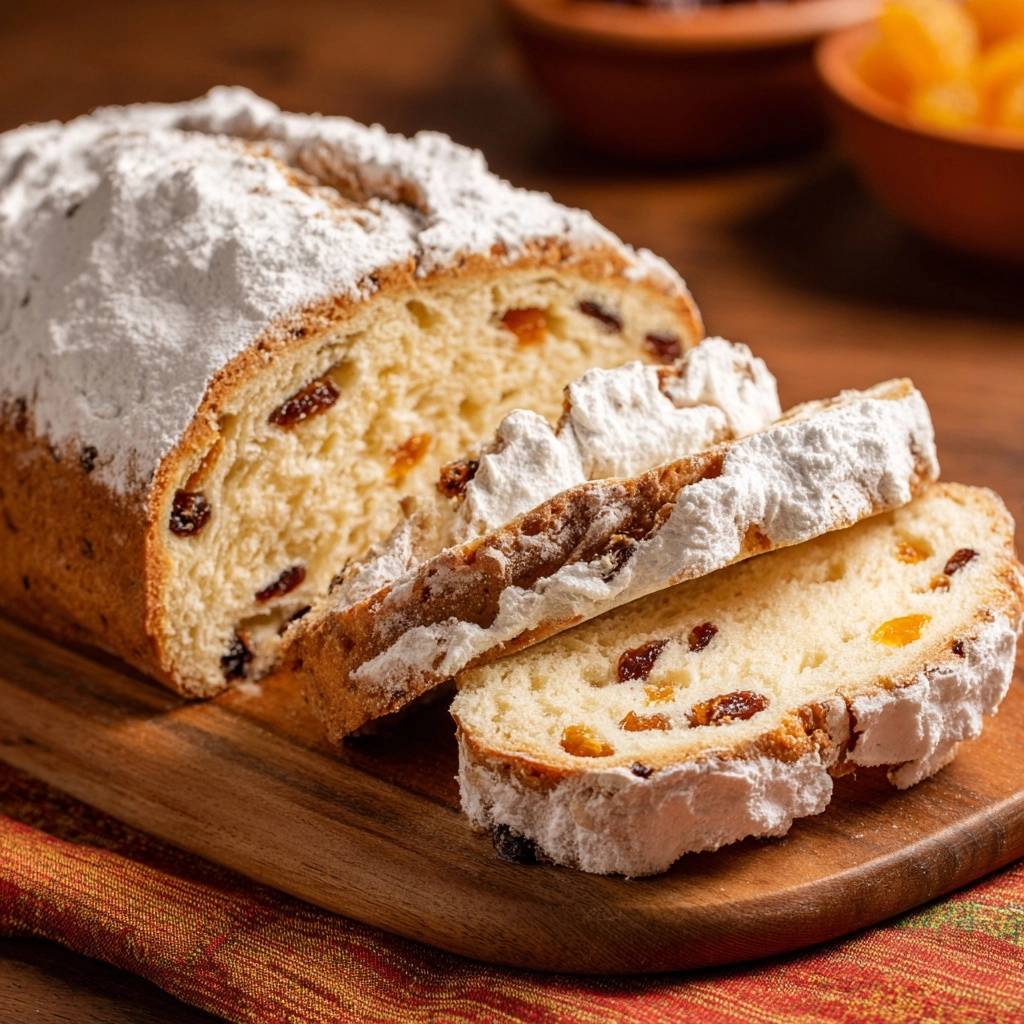 Powdered sugar fruit bread cross-section showing sliced loaf with visible dried fruits and a dusting of powdered sugar.