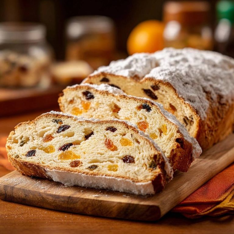 Powdered sugar fruit bread shown in a close-up cross-section revealing its dense interior with visible dried fruits.