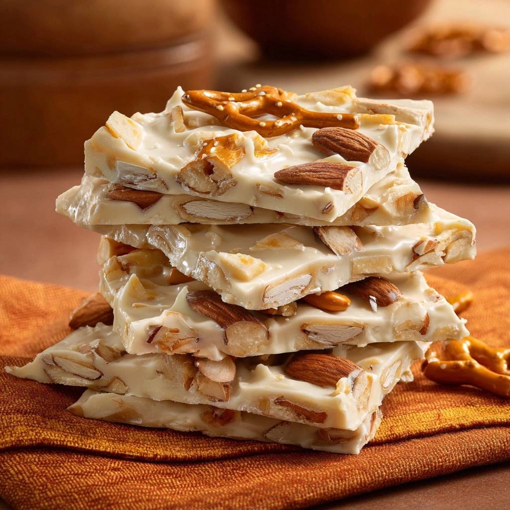Pretzel almond white chocolate bark stacked high on an orange napkin, showcasing crunchy pretzels and almonds.