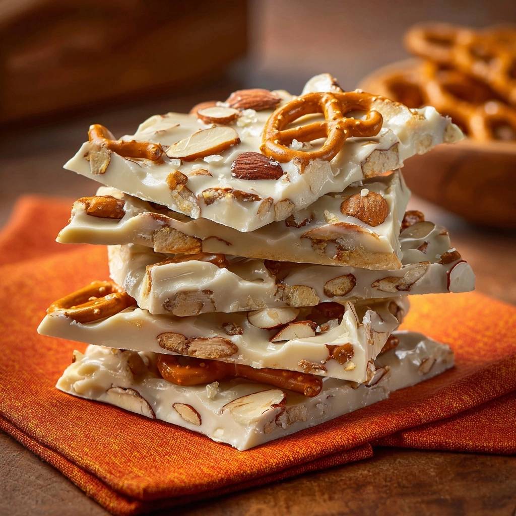 Pretzel almond white chocolate bark stack showing layers of white chocolate, almonds, and pretzels on an orange napkin.