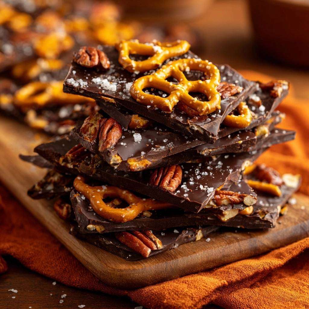 Pretzel pecan dark chocolate bark recipe stacked high on a wooden board, showcasing pretzels, pecans, and sea salt.