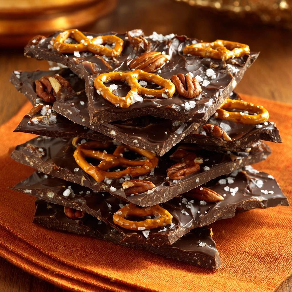 Pretzel pecan dark chocolate bark stacked high on an orange napkin, showcasing a close-up view of the toppings.