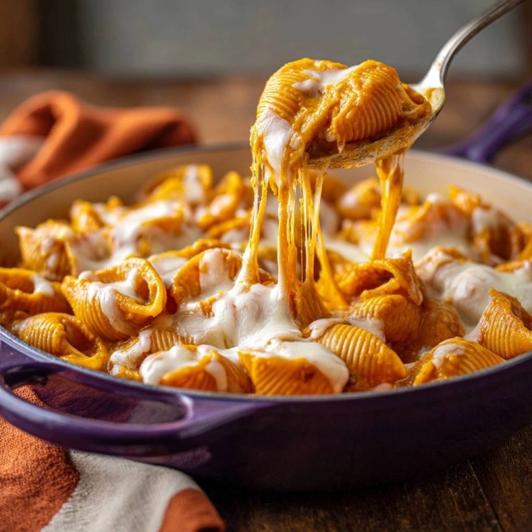 Pumpkin mac and cheese with a spoonful showing a creamy, cheesy sauce and melted cheese pull.