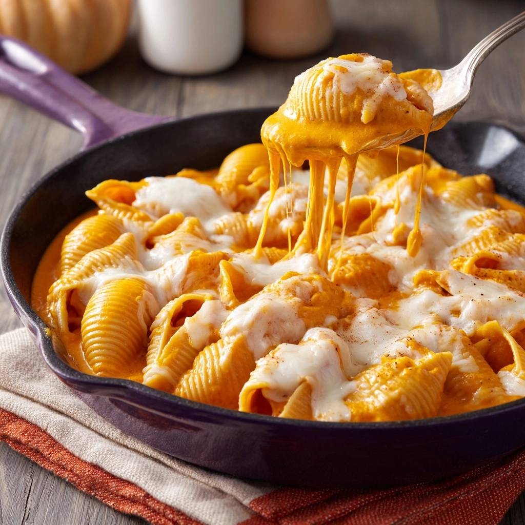 Pumpkin mac and cheese with creamy sauce, with a spoonful lifting to show gooey cheese pull.