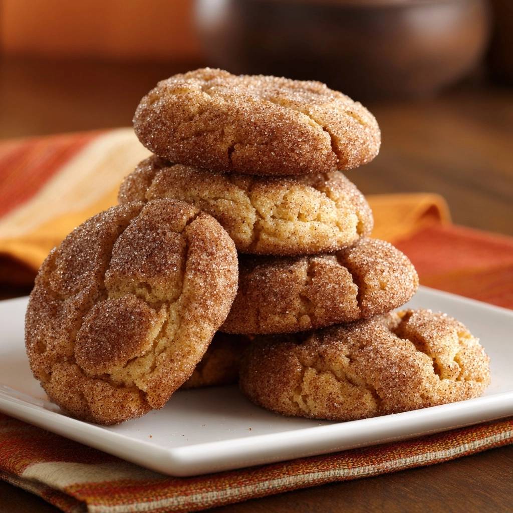 Pumpkin snickerdoodles with thick chewy centers stacked on a white plate with a rustic napkin.