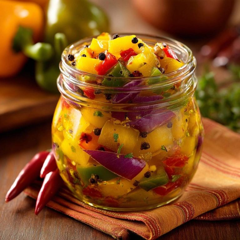 Rainbow pepper pickles in a glass jar, a close-up view showing colorful chopped peppers and onions in brine.