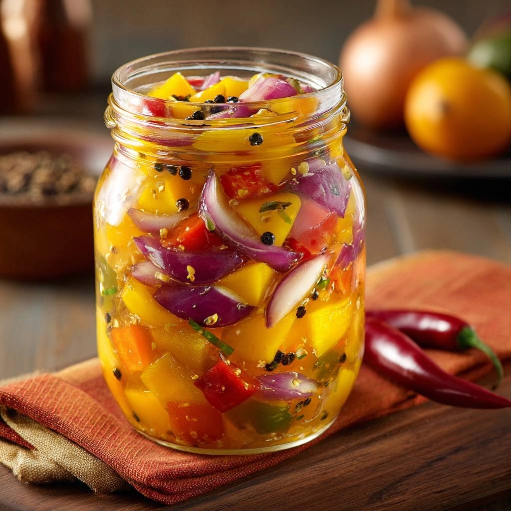 Rainbow Pepper Pickles in a jar, showcasing colorful chopped peppers, red onion, and peppercorns in brine.