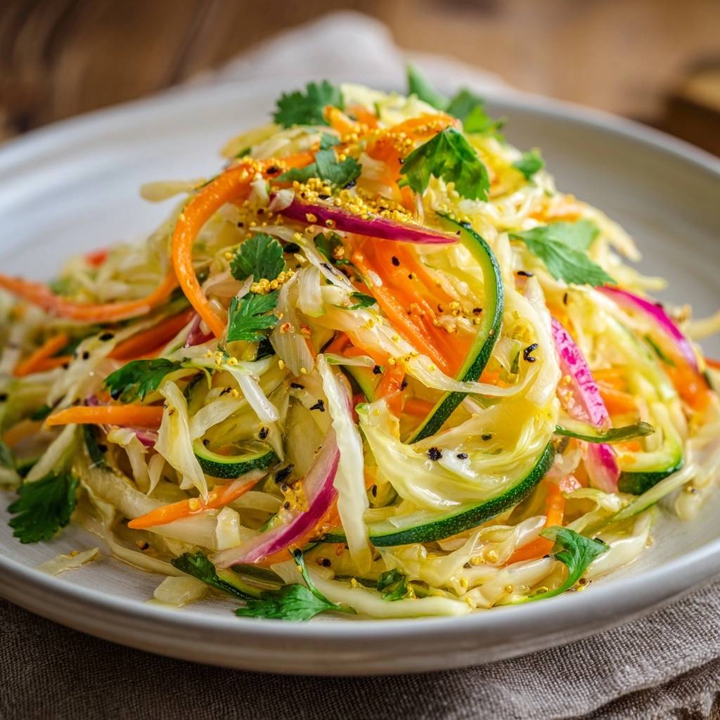 Rainbow veggie slaw plated close-up, showcasing shredded cabbage, carrots, zucchini, and red onion with a light dressing and garnish.