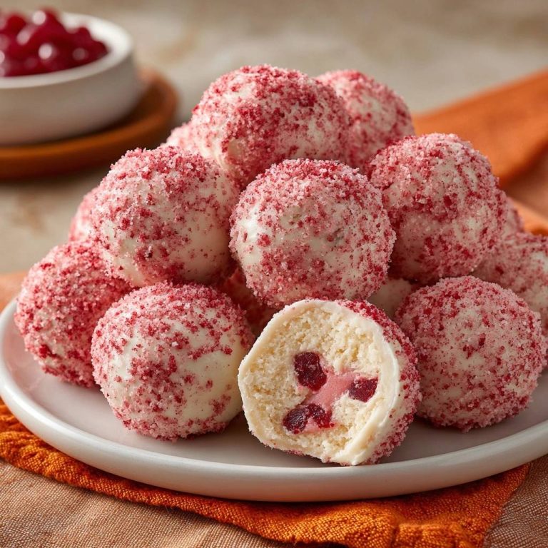 Raspberry cake balls recipe with a close-up cross-section revealing the fruity interior, dusted with red crumbs.