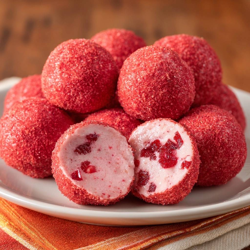 Raspberry cake balls, a close-up cross-section reveals the pink interior studded with raspberry pieces.