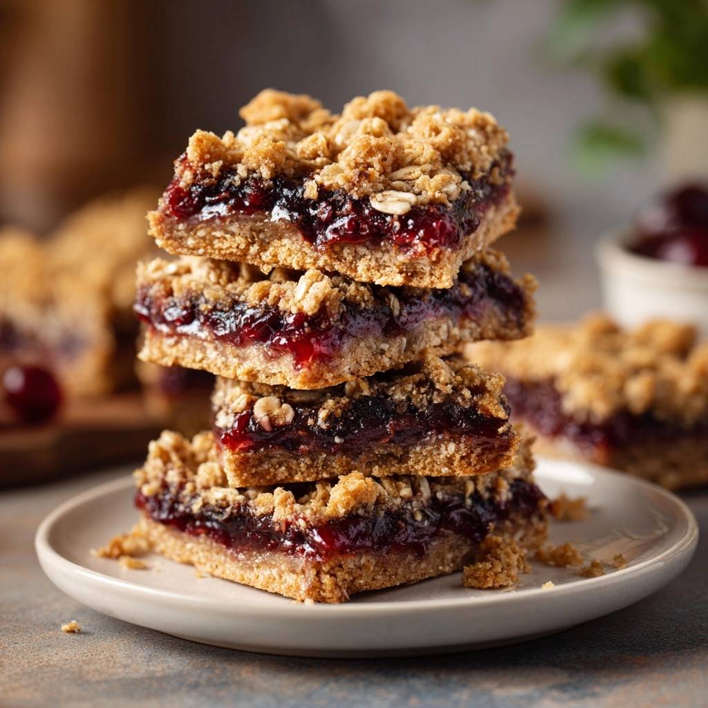 Raspberry crumble bars with a guaranteed crunchy topping shown stacked in a close-up view on a plate.