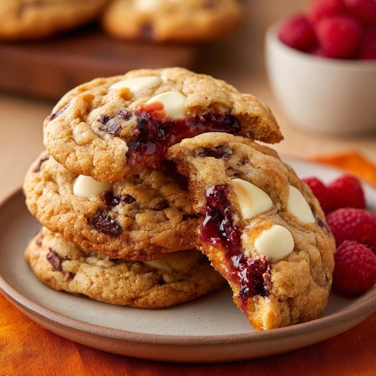 Raspberry jam white chocolate chunk cookies showing a gooey jam and white chocolate interior cross-section.