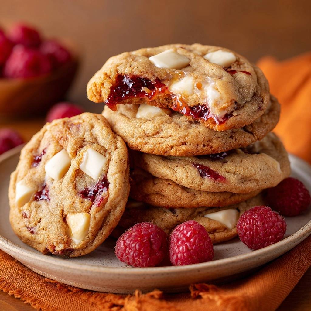 Raspberry jam white chocolate chunk cookies stacked, with a close-up cross-section revealing the gooey jam and white chocolate filling.