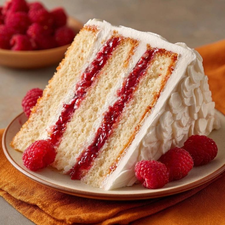 Raspberry layer cake cross-section with fresh raspberries on a plate, showcasing the jam filling.