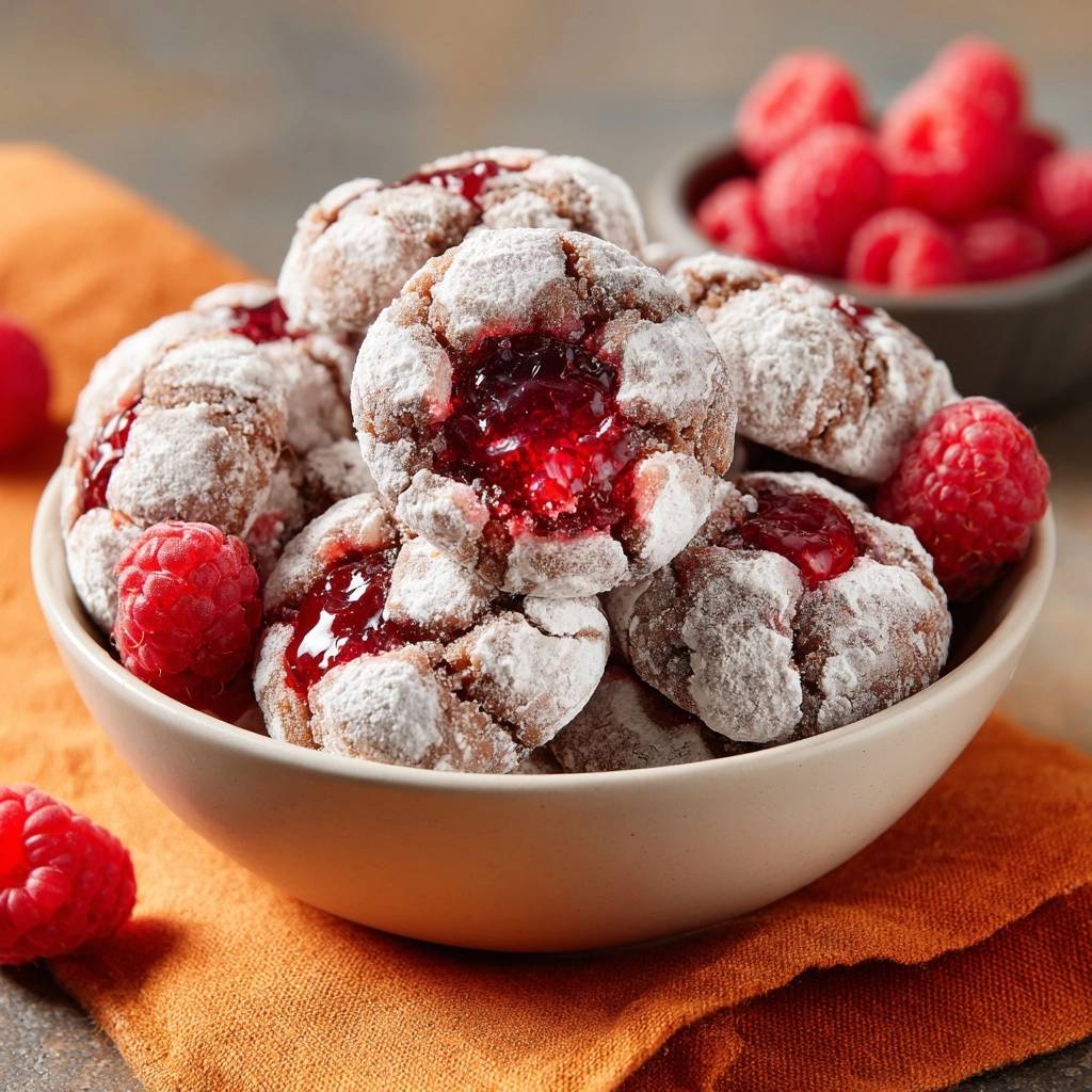 Raspberry thumbprint cookies with powdered sugar and jam filling, served in a rustic bowl with fresh raspberries.