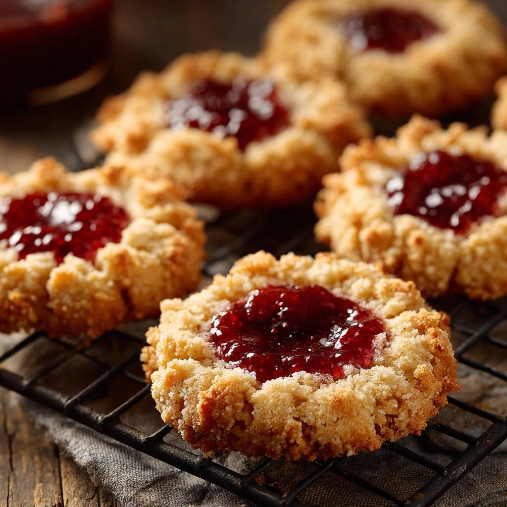 Raspberry thumbprint cookies with no jam overflow cooling on a wire rack, showcasing their textured edges and glistening jam centers.