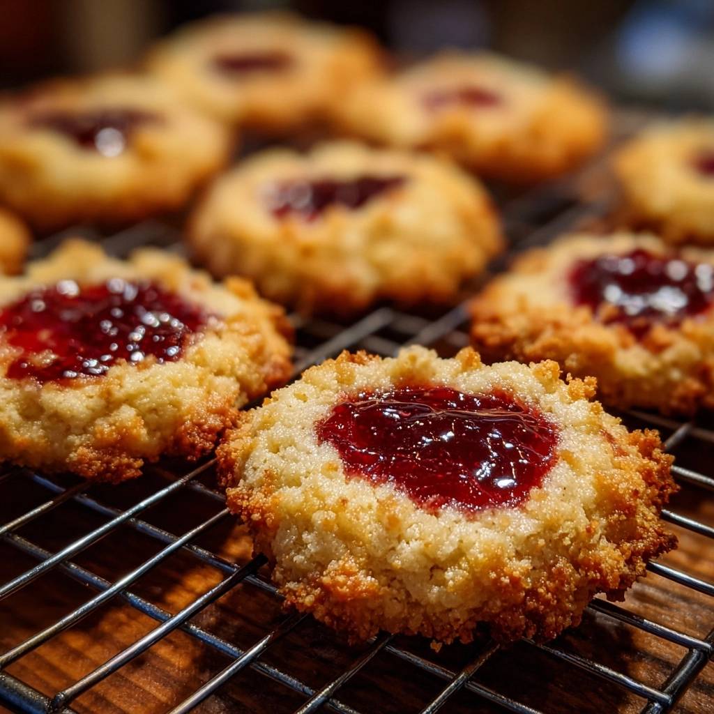 Raspberry thumbprint cookies with no jam overflow cooling on a wire rack, showcasing their golden-brown edges and glistening jam centers.