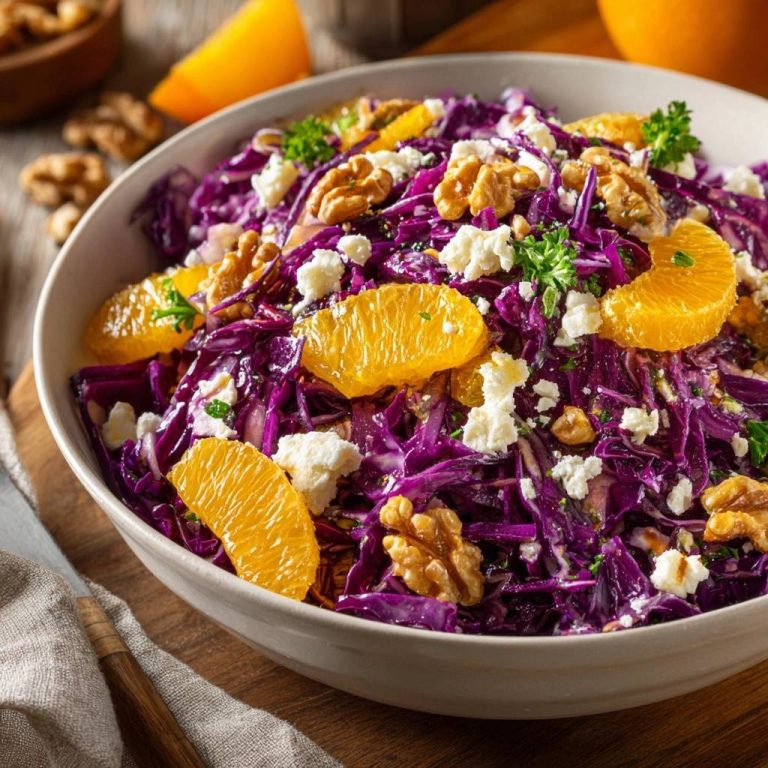 Vibrant red cabbage orange feta salad recipe shown in a close-up view of a white bowl, featuring walnuts and orange slices.
