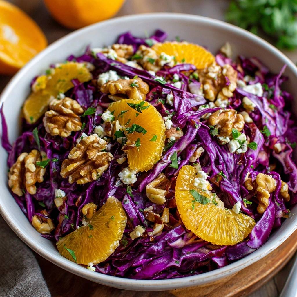 Vibrant red cabbage orange feta salad close-up showing fresh orange slices, walnuts, and crumbled feta cheese garnish.