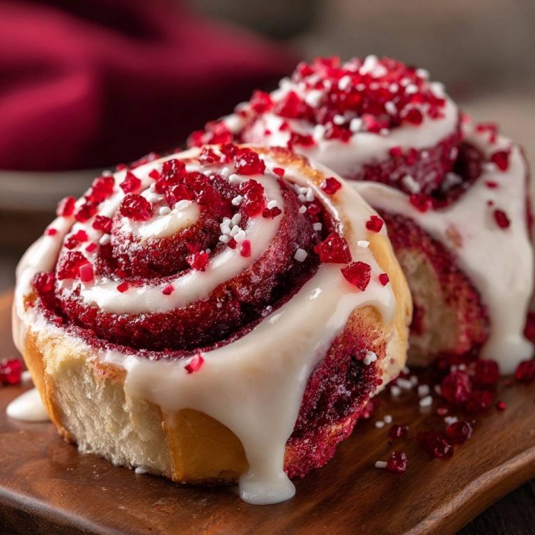 Red velvet cinnamon rolls with tangzhong are shown in a close-up view of their creamy white glaze and red crystal toppings.