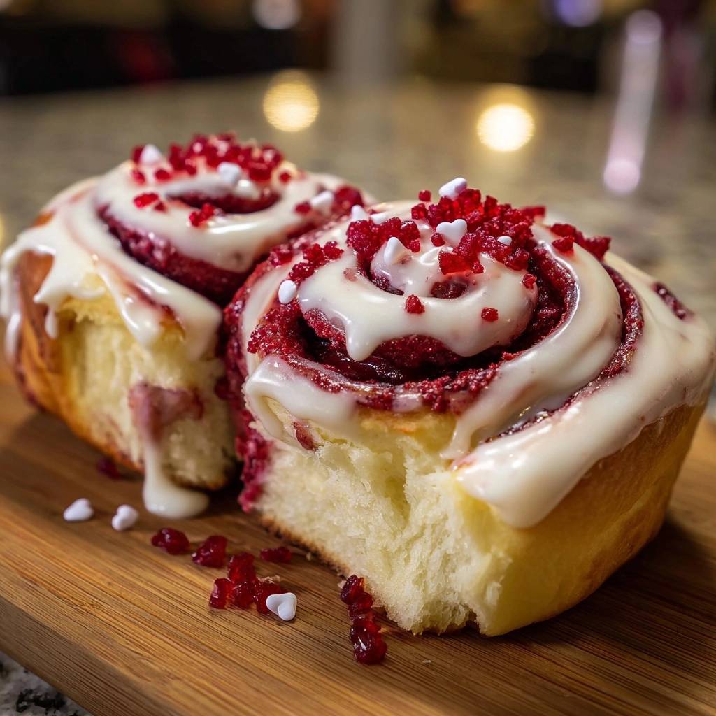 Red velvet cinnamon rolls with tangzhong showing a fluffy cross-section and drizzled with white icing and red sprinkles.