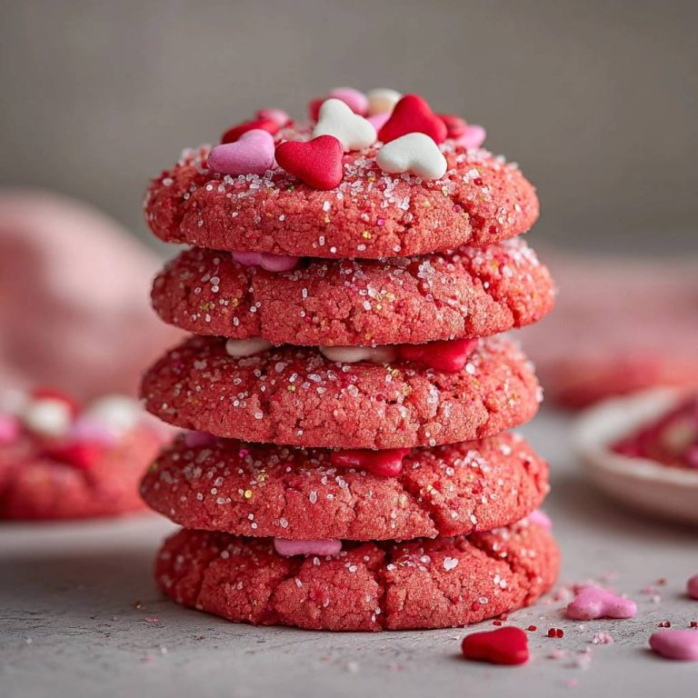 Sparkly red velvet crinkle cookies recipe shown in a close-up stack with heart sprinkles and sugar.