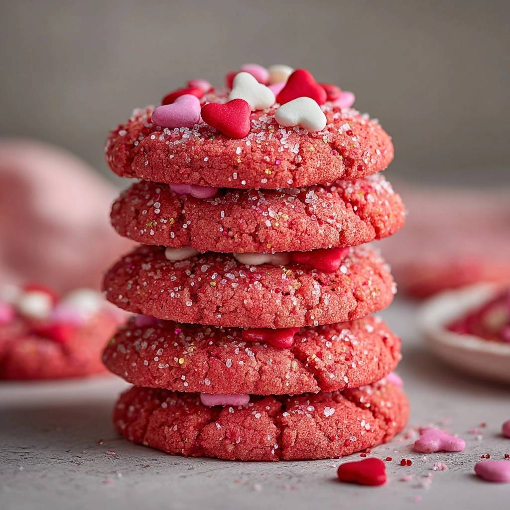Sparkly red velvet crinkle cookies recipe shown in a close-up stack with heart sprinkles and sugar.