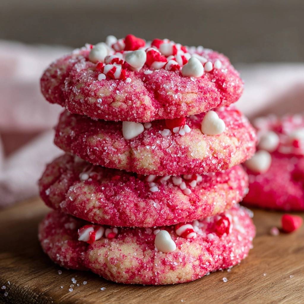 Sparkly red velvet crinkle cookies recipe shown in a close-up stack with festive candy heart toppings.