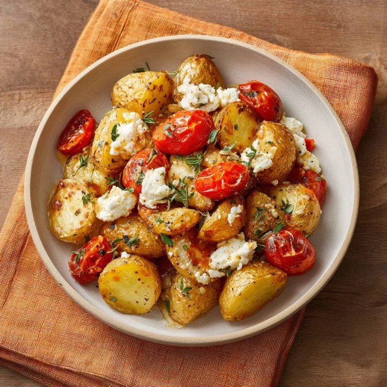 Roasted baby potatoes with burst tomatoes and feta cheese, presented in a bowl from an overhead perspective.