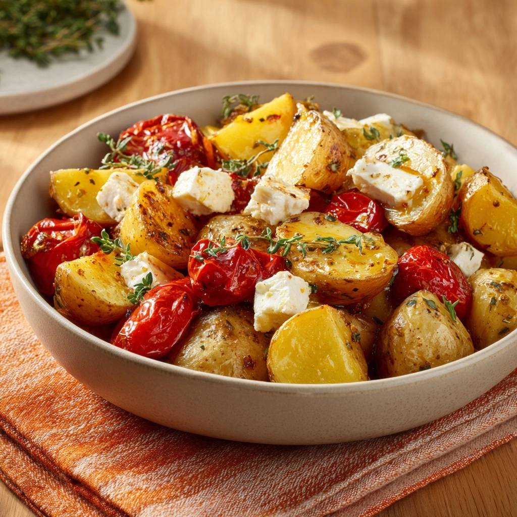 Roasted baby potatoes with burst tomatoes and feta cheese, a close-up view showcasing the textures and herbs.