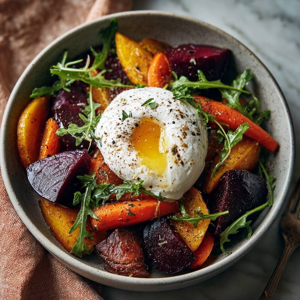 Roasted beet and carrot salad with a foolproof poached egg showing a runny yolk cross-section.