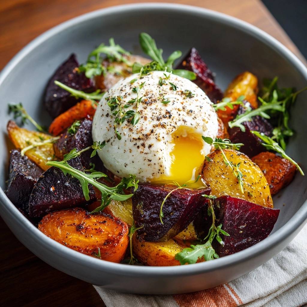 Roasted beet and carrot salad with a foolproof poached egg, showing the runny yolk in a cross-section.