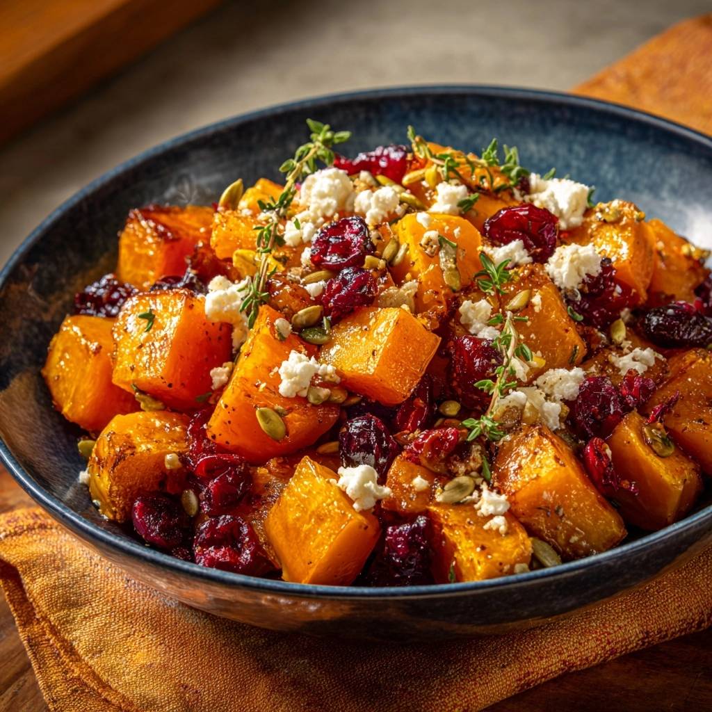 Roasted butternut squash with cranberries, feta, and pepitas in a dark blue bowl, garnished with fresh thyme.