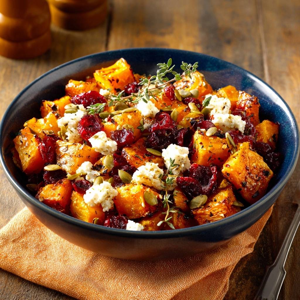 Roasted butternut squash with cranberries, feta, and pepitas served in a blue bowl with fresh thyme garnish.